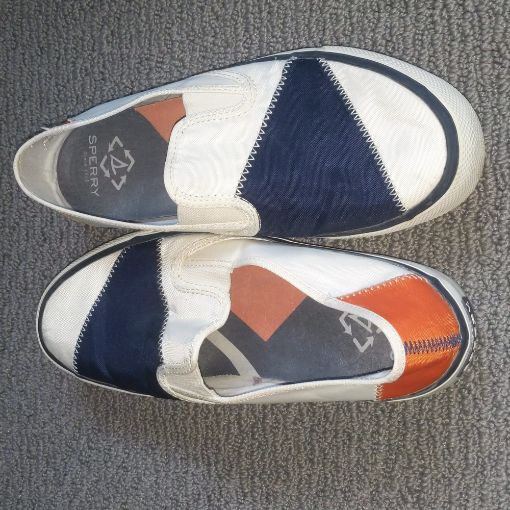 Sperry orange and blue slip on shoes, men 7.5